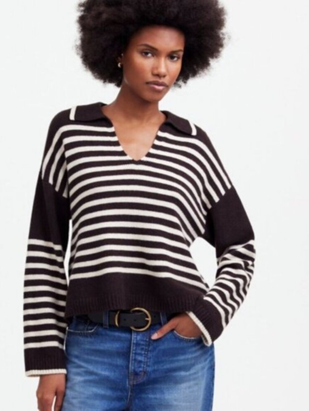Madewell Cashmere Wool Polo Sweater Brown Striped Knit Pullover Oversized S